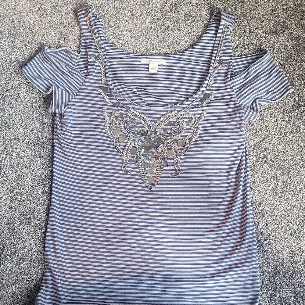 Boston Proper Embellished Cold Shoulder Blouse